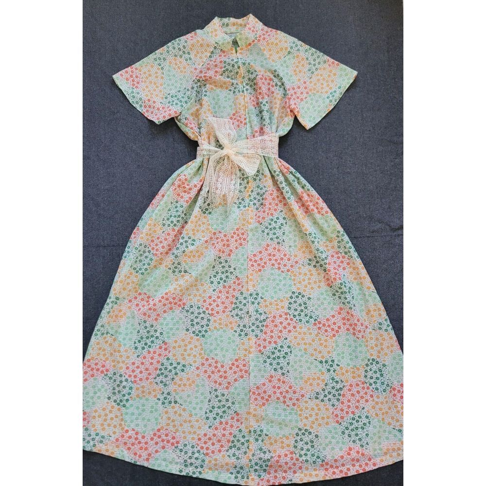 Vintage 60s 70s Mod Multicolor Maxi Dress Floral Lace Tie Waist Zip House M - Picture 7 of 15